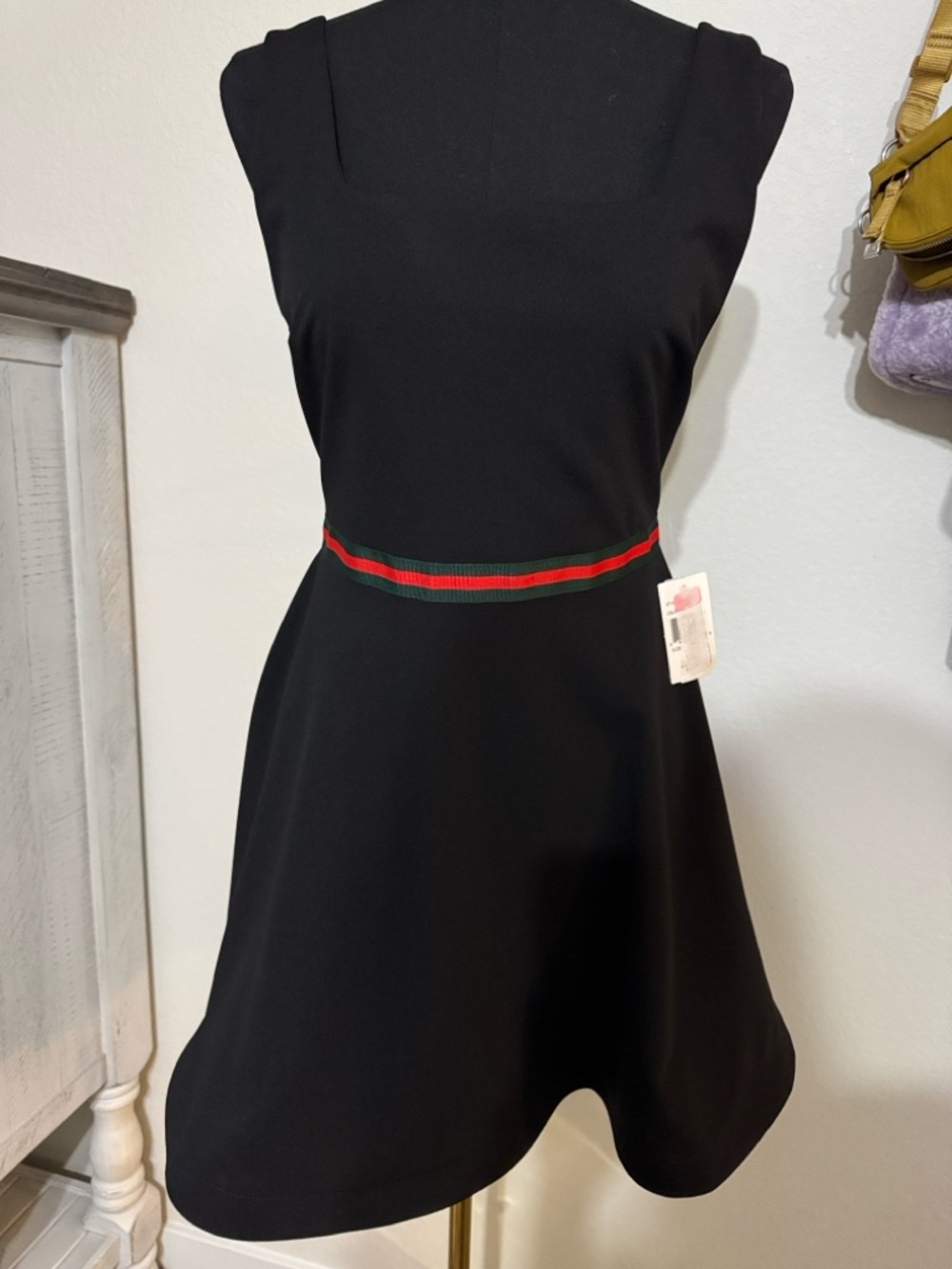 Teeze Me Black Sleeveless Fit-and-Flare Dress with Red-Green Waistband